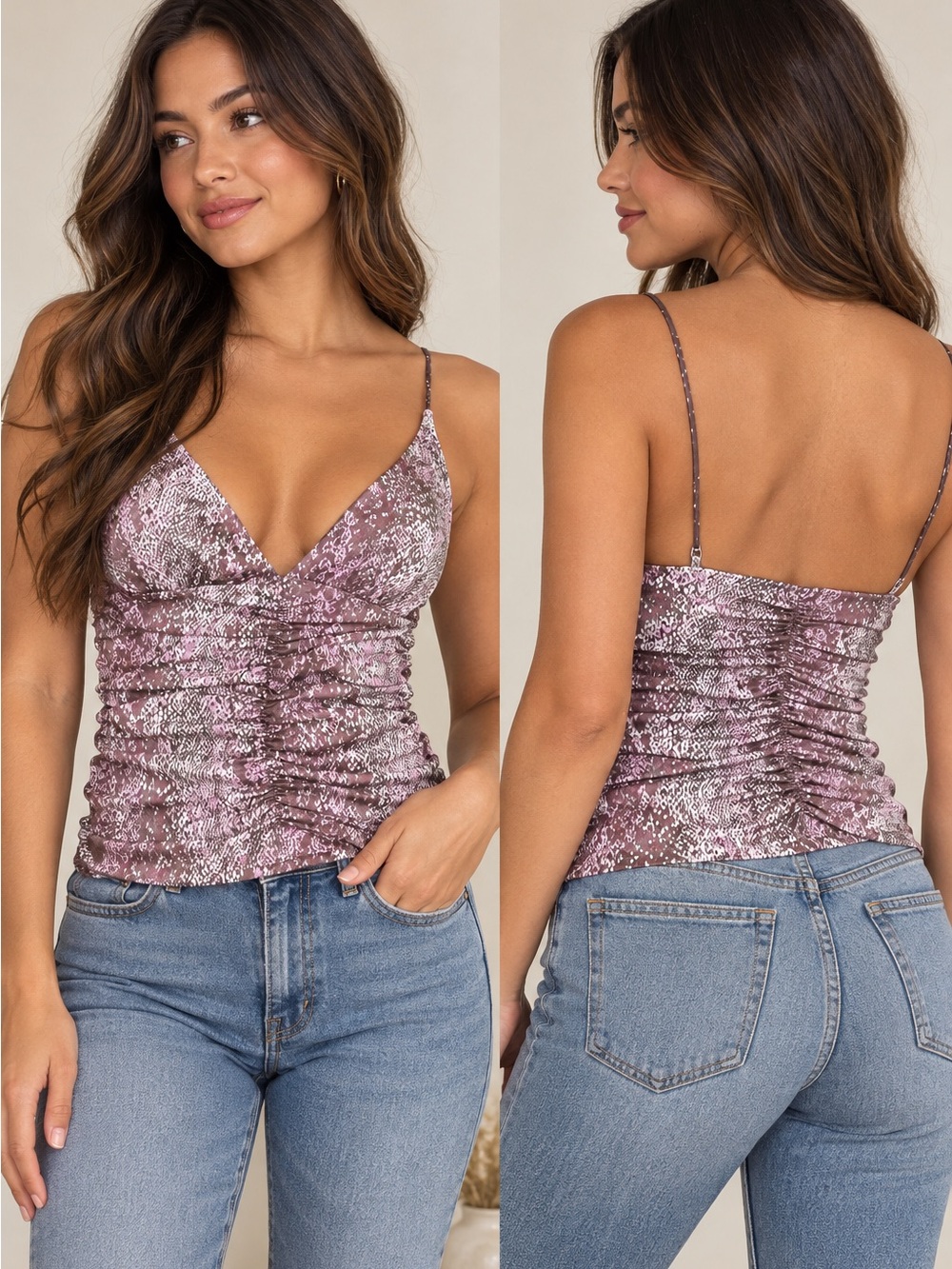 Urban Outfitters Mauve Snake-Print Ruched Cami
